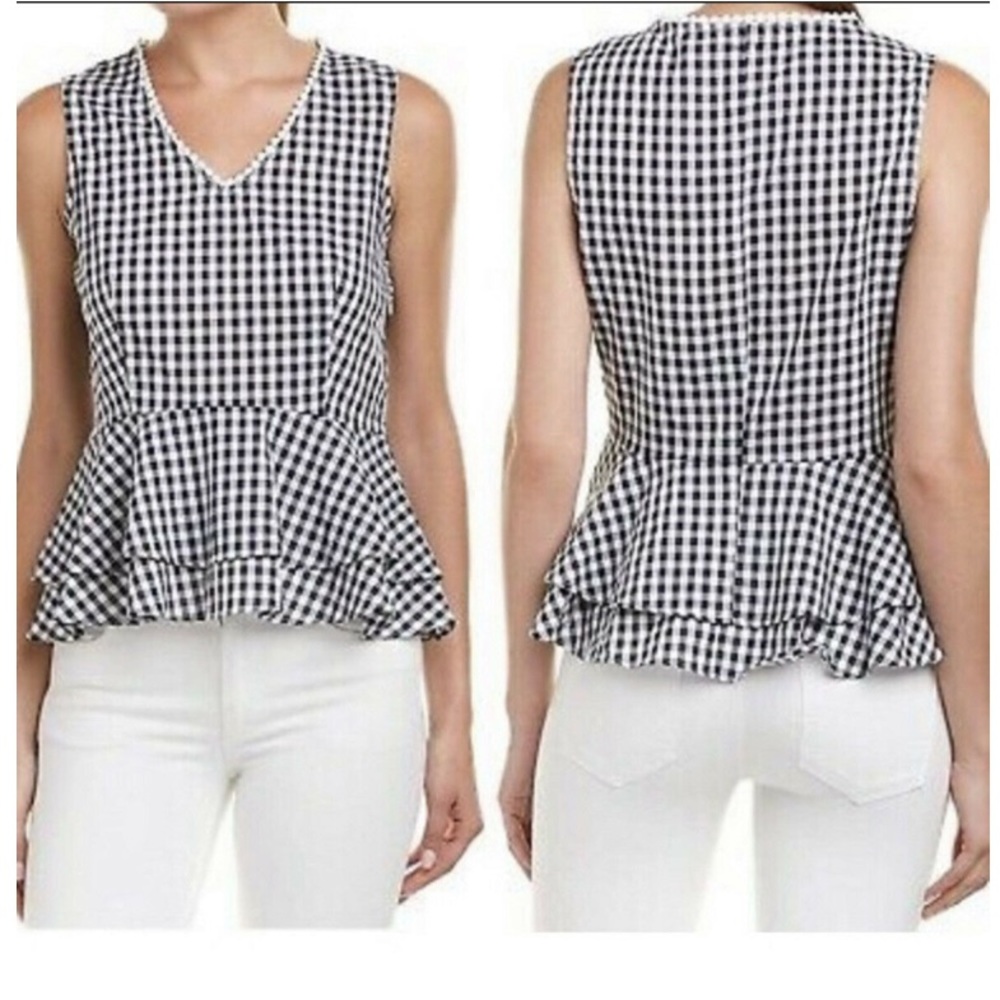 Nanette Lepore Black White Gingham Peplum Sleeveless Top Sz L